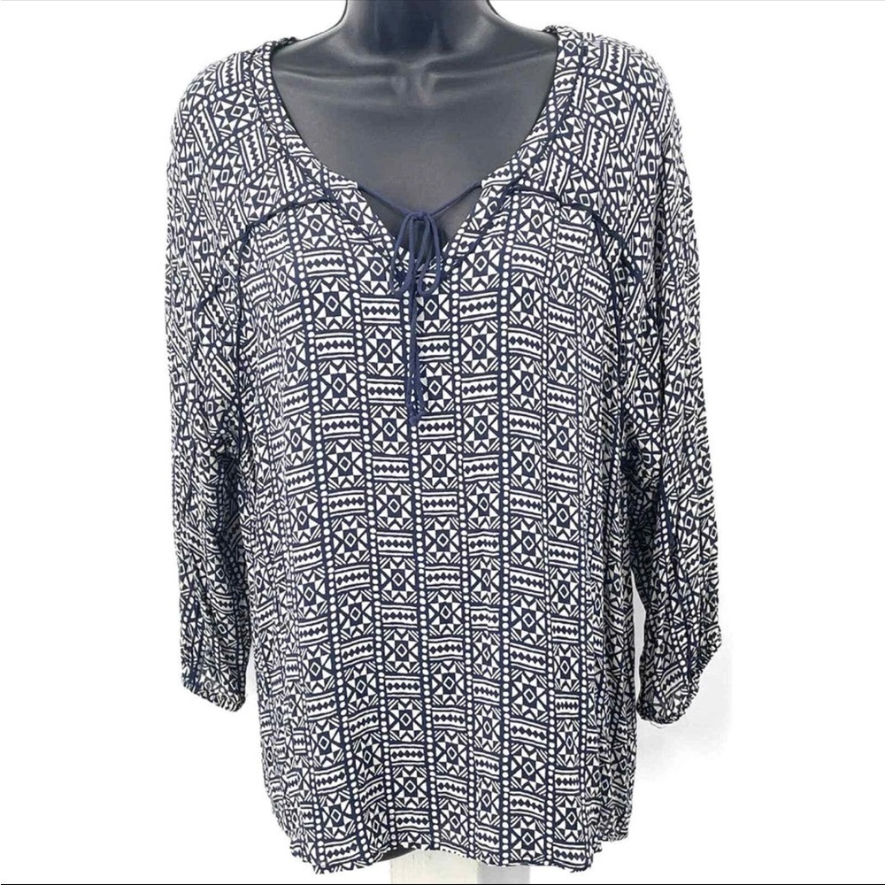 Lucky Brand x John Robshaw Navy & White Boho Print Blouse – Size XL Officewear
